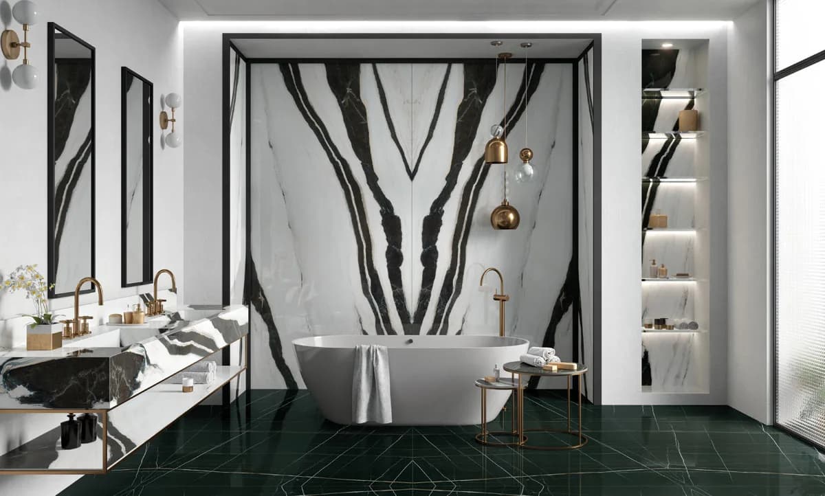 Panda White installed — large-format marble-effect surface