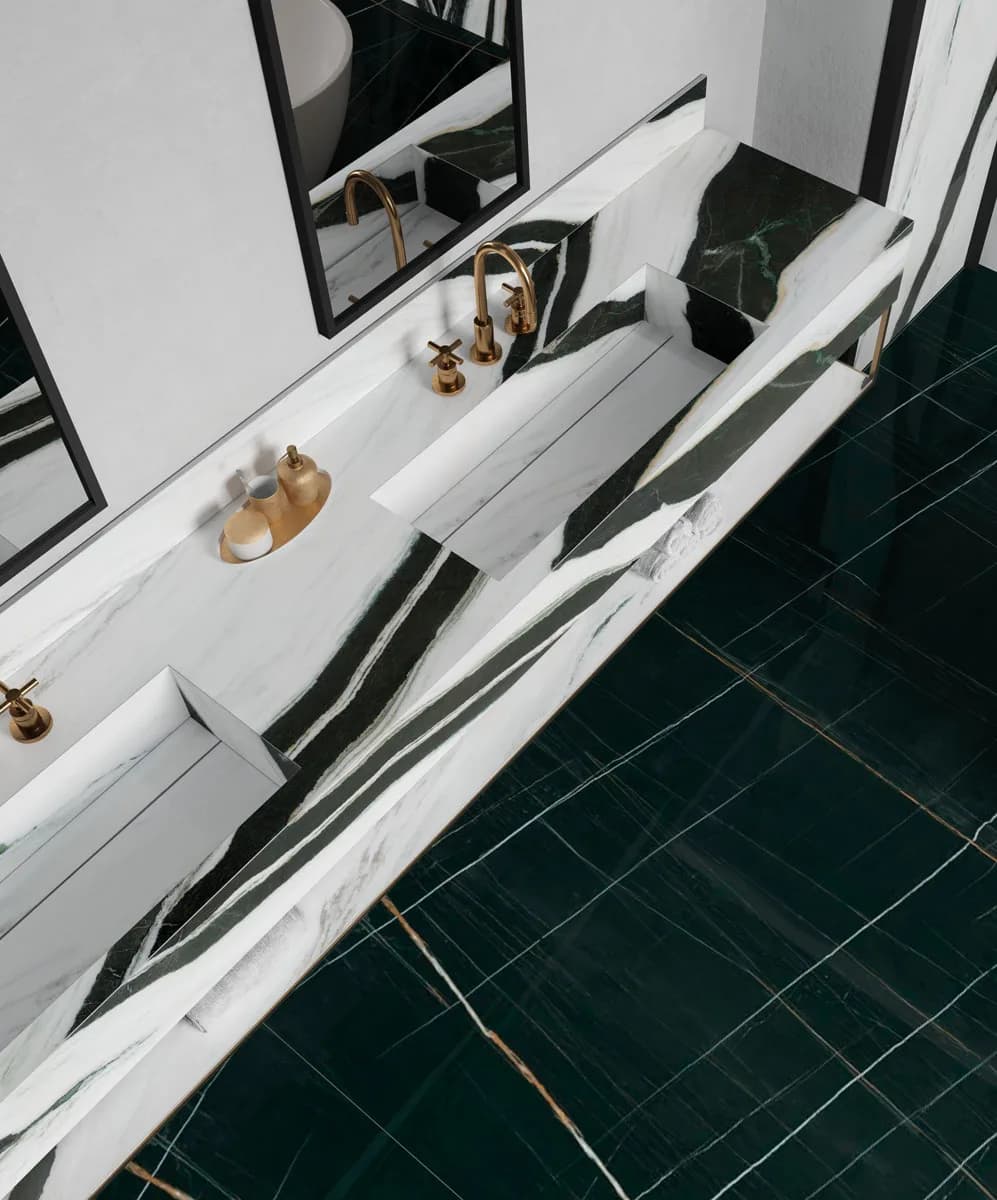 Panda White installed — large-format marble-effect surface