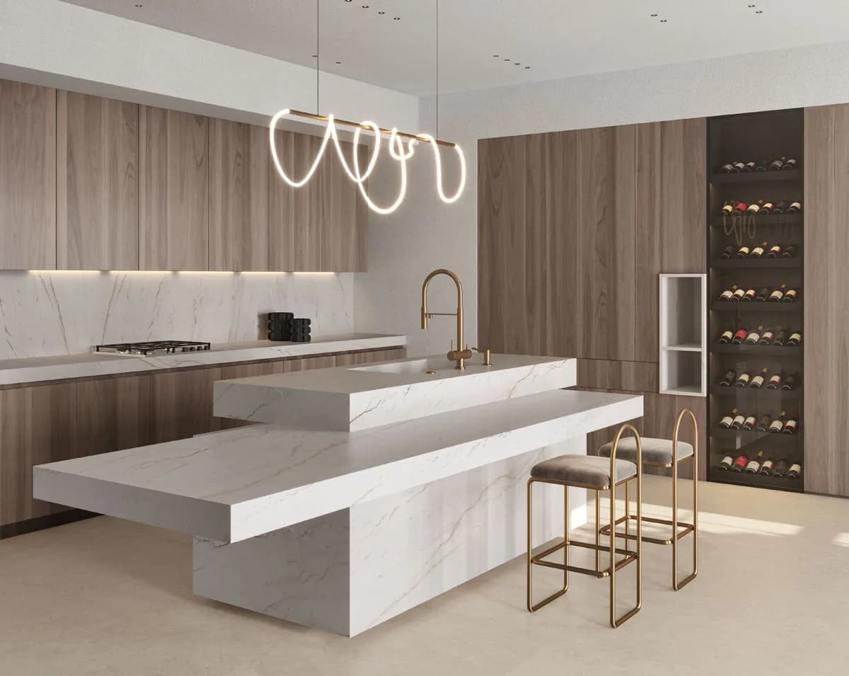 Calacatta Brasile installed — large-format marble-effect surface
