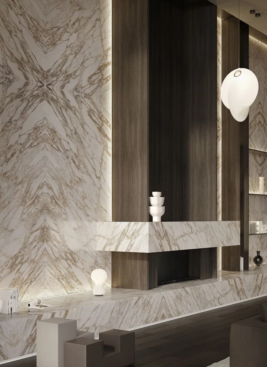Arabescato Diva installed — large-format marble-effect surface