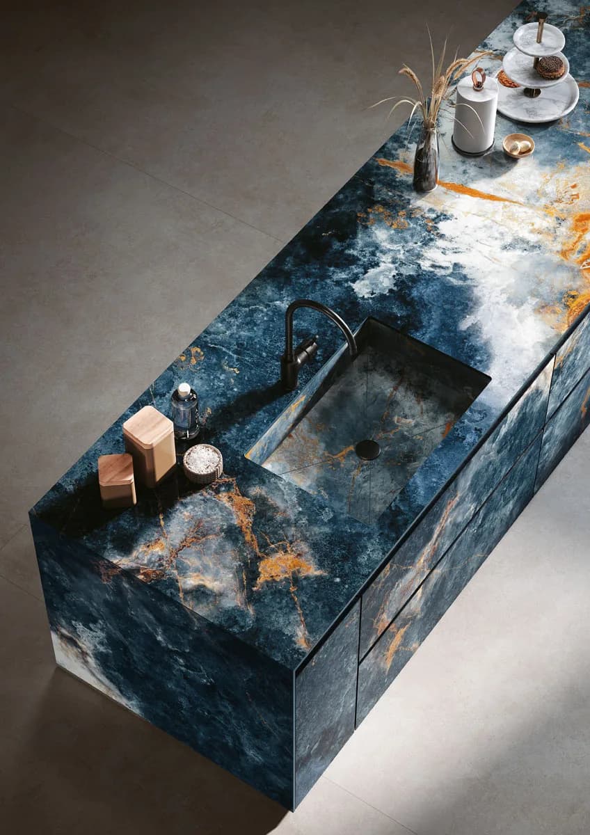 Ocean Blue installed — large-format onyx-effect surface